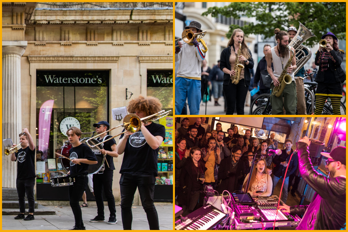 Collage of various jazz performances around Cheltenham Town and venues.